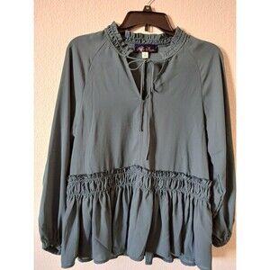 Blue Rain Womens Blouse Blue Peplum Chiffon Long Sleeve V-Neck Drawstring Size S